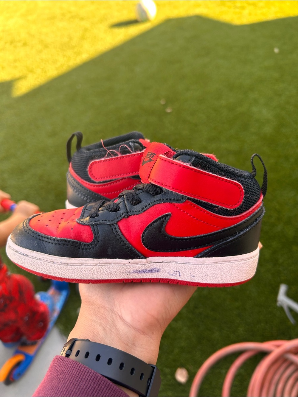 Nike Kids Red and Black High-Top Sneaker with Hook Strap